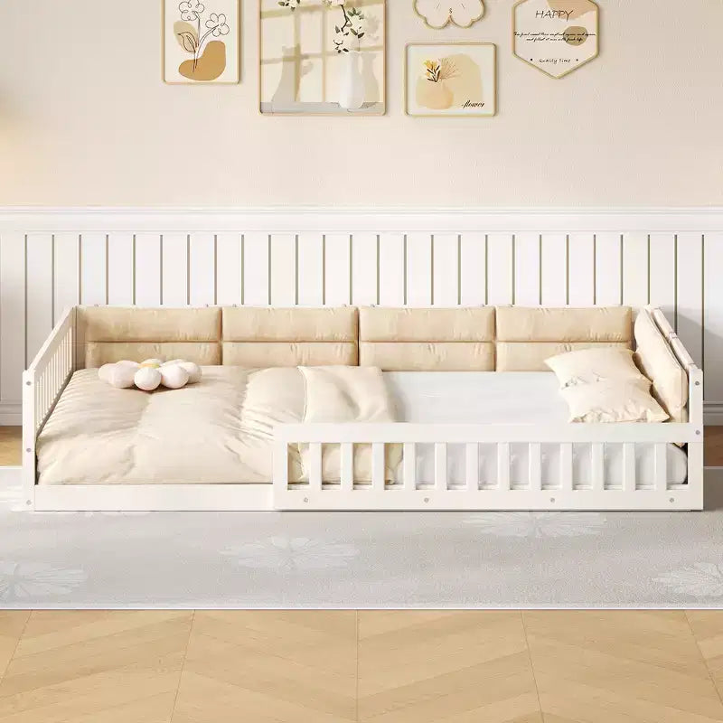 Lit de sol pleine grandeur pour enfants avec clôture, lit plateforme en bois avec oreiller rembourré
