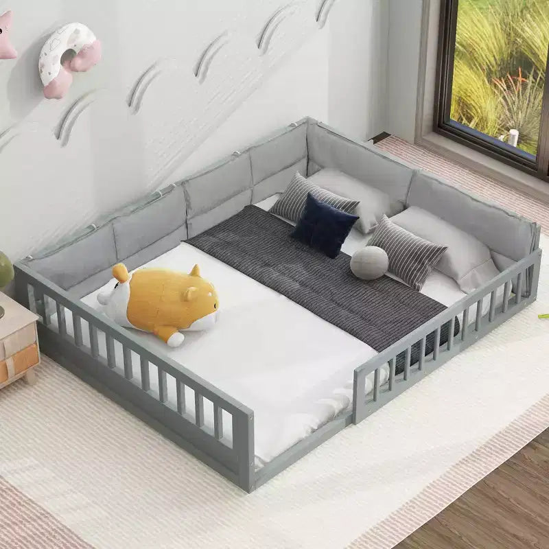 Lit de sol pleine grandeur pour enfants avec clôture, lit plateforme en bois avec oreiller rembourré