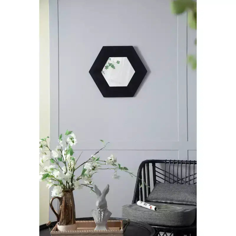 MAYEERTY Miroir mural hexagonal 18,5 x 18,5 avec cadre en bois massif, décoration murale pour salon, salle de bain, couloir, noir