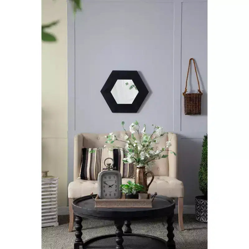 MAYEERTY Miroir mural hexagonal 18,5 x 18,5 avec cadre en bois massif, décoration murale pour salon, salle de bain, couloir, noir