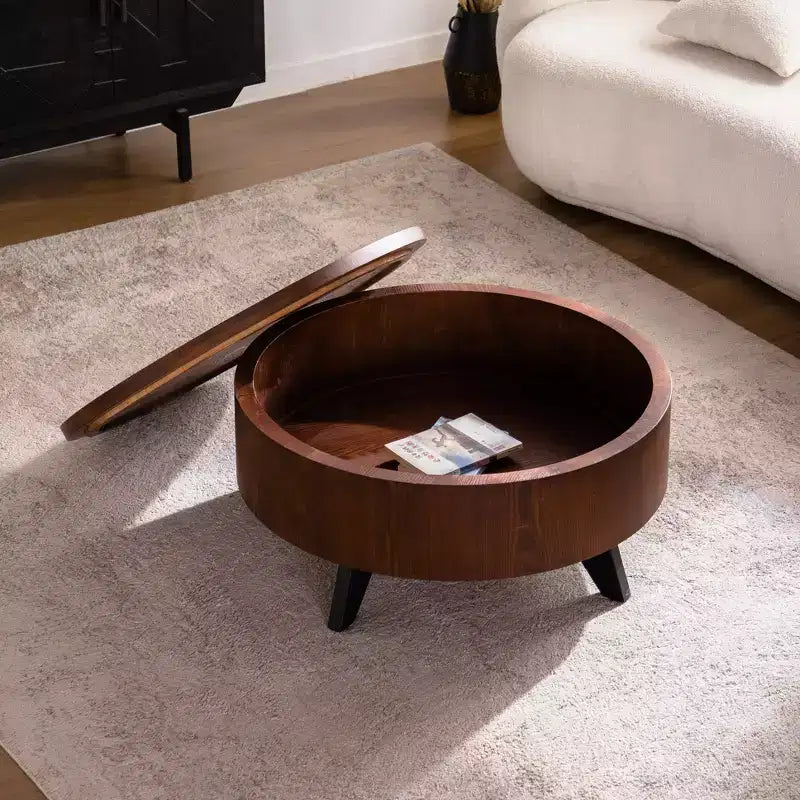 Table basse ronde moderne GDFStudio Remi avec rangement dissimulé et plateau amovible