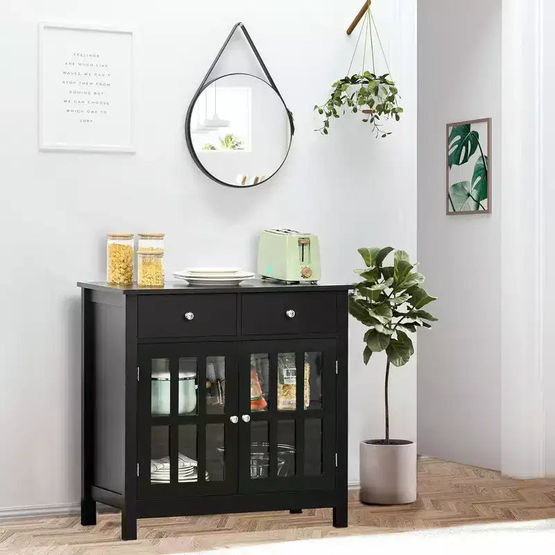 Meuble Buffet avec Portes Vitrées, Étagère Réglable et 2 Tiroirs pour Cuisine
