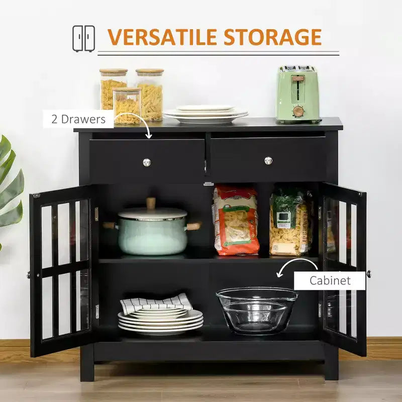 Meuble Buffet avec Portes Vitrées, Étagère Réglable et 2 Tiroirs pour Cuisine