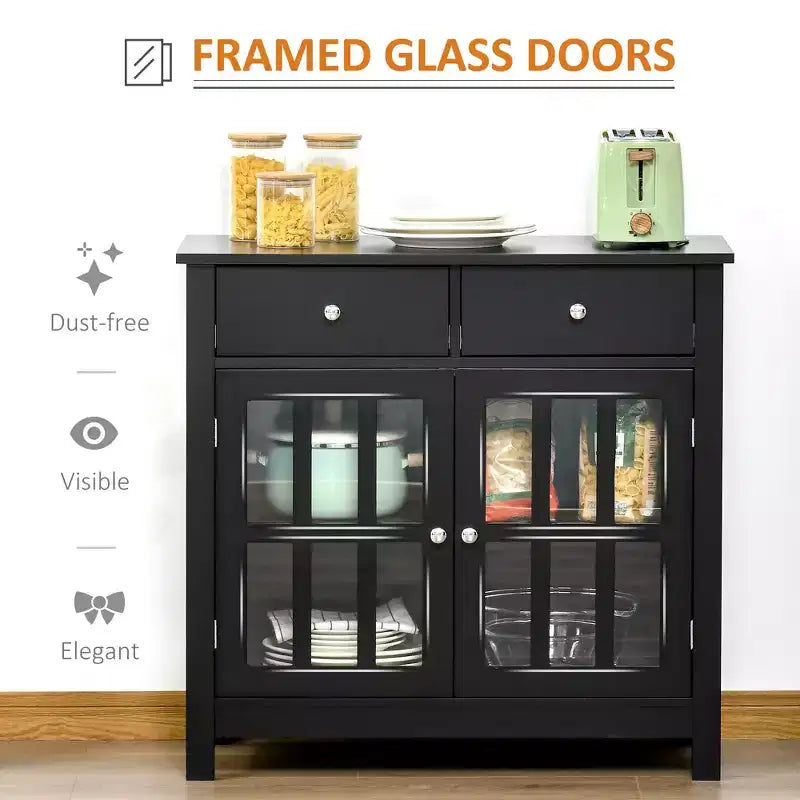 Meuble Buffet avec Portes Vitrées, Étagère Réglable et 2 Tiroirs pour Cuisine