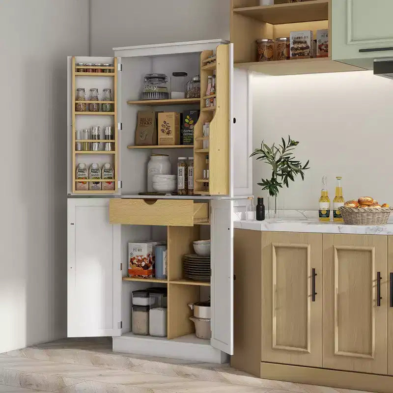Armoire de cuisine garde-manger de 72 po, armoire de cuisine haute moderne avec 5 étagères de rangement, 8 porte-épices, tiroir