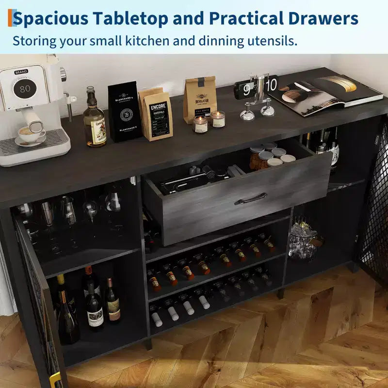 Meuble de bar à café de 71 pouces de long avec espace réfrigérateur, grande armoire à vin et à liqueurs en bois et métal avec étagère pour salle à manger - Noir