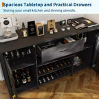 Meuble de bar à café de 71 pouces de long avec espace réfrigérateur, grande armoire à vin et à liqueurs en bois et métal avec étagère pour salle à manger - Noir