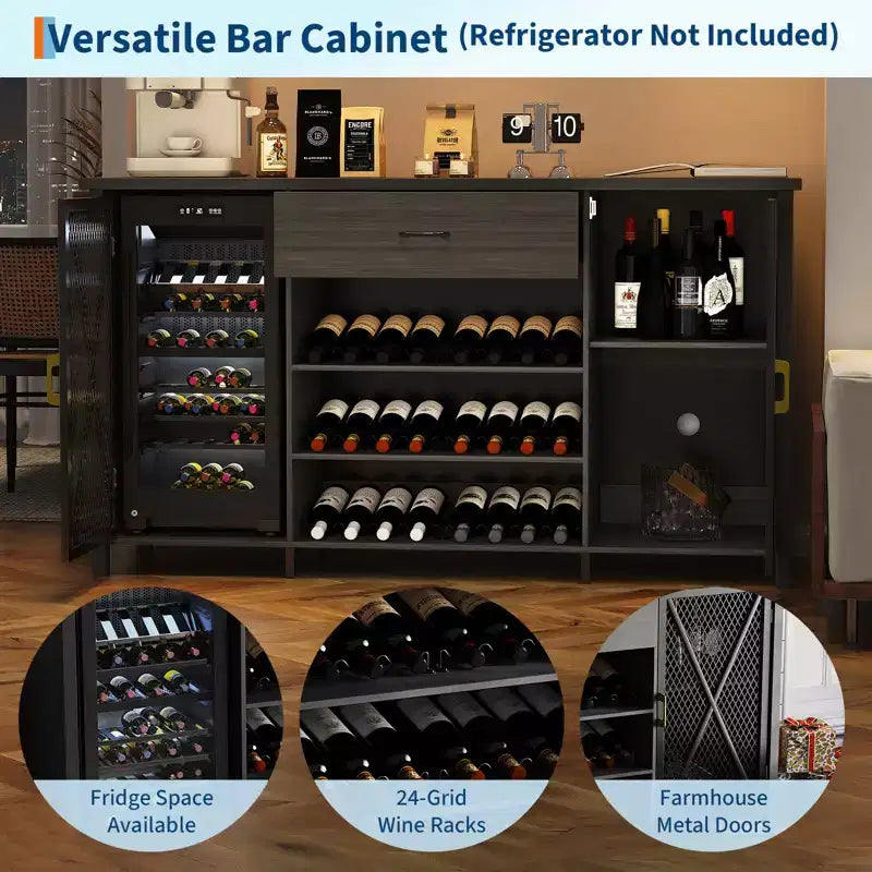 Meuble de bar à café de 71 pouces de long avec espace réfrigérateur, grande armoire à vin et à liqueurs en bois et métal avec étagère pour salle à manger - Noir