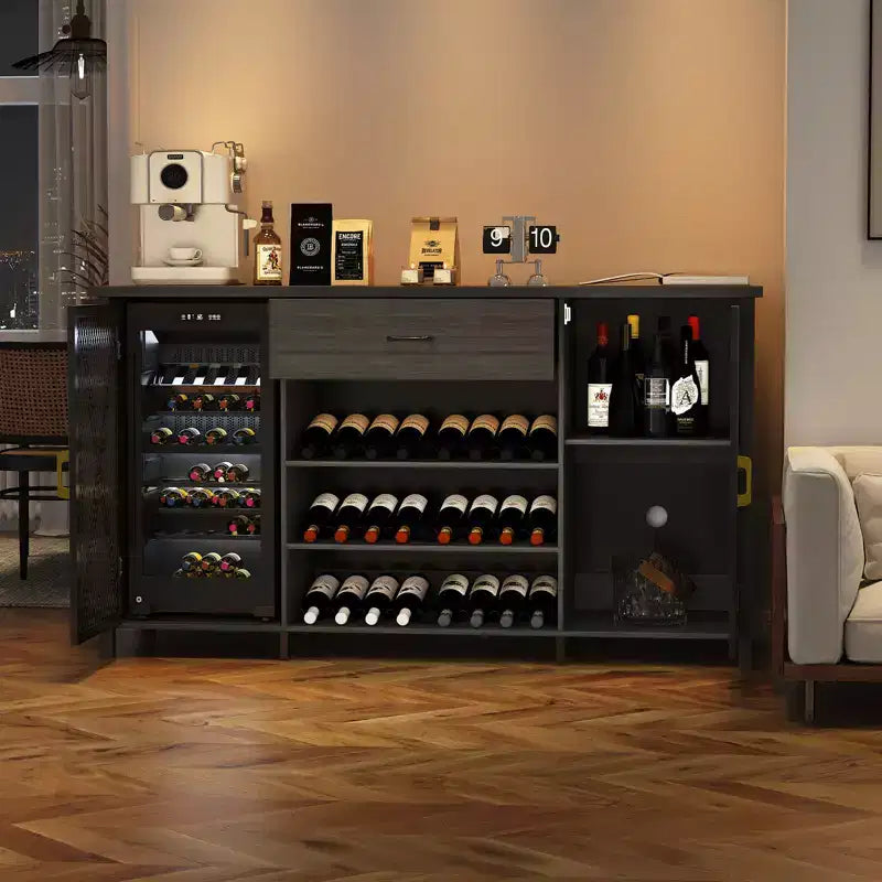 Meuble de bar à café de 71 pouces de long avec espace réfrigérateur, grande armoire à vin et à liqueurs en bois et métal avec étagère pour salle à manger - Noir