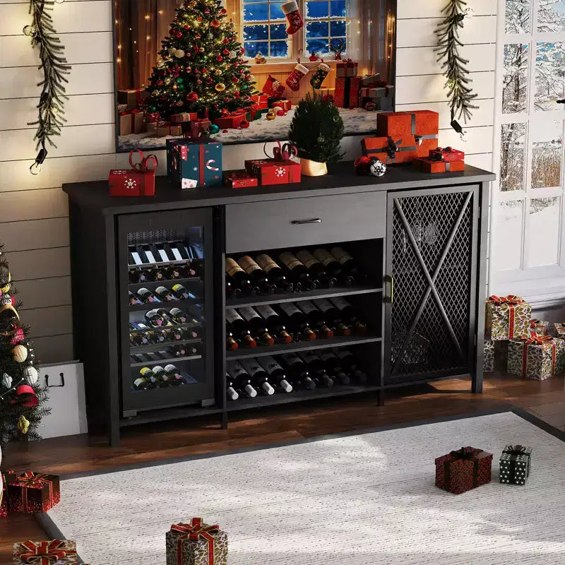 Meuble de bar à café de 71 pouces de long avec espace réfrigérateur, grande armoire à vin et à liqueurs en bois et métal avec étagère pour salle à manger - Noir