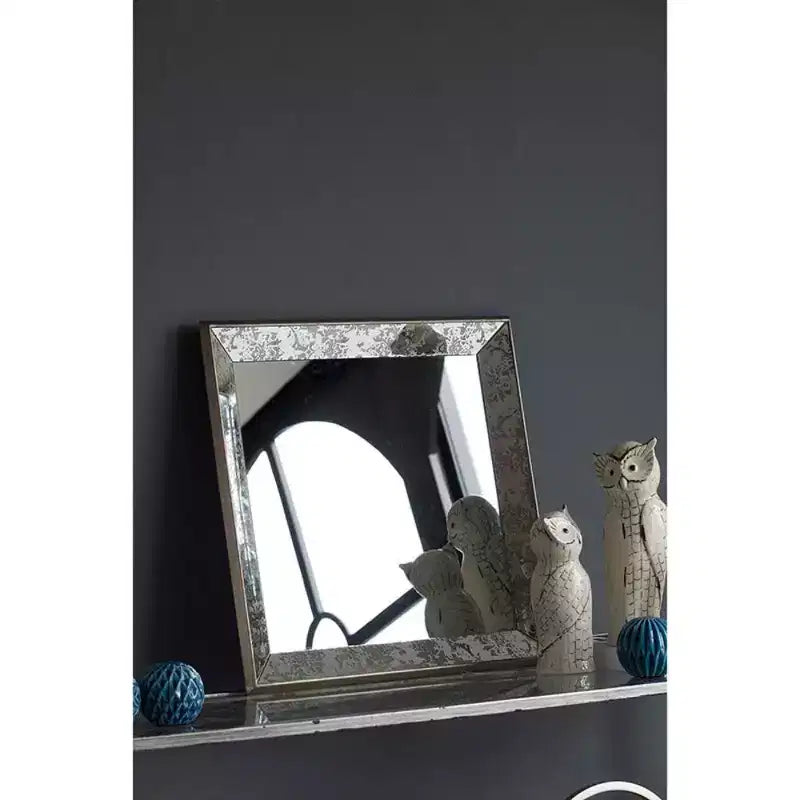 MAYEERTY Miroir mural carré antique 24 x 24 avec accents floraux, décoration intérieure traditionnelle, argenté