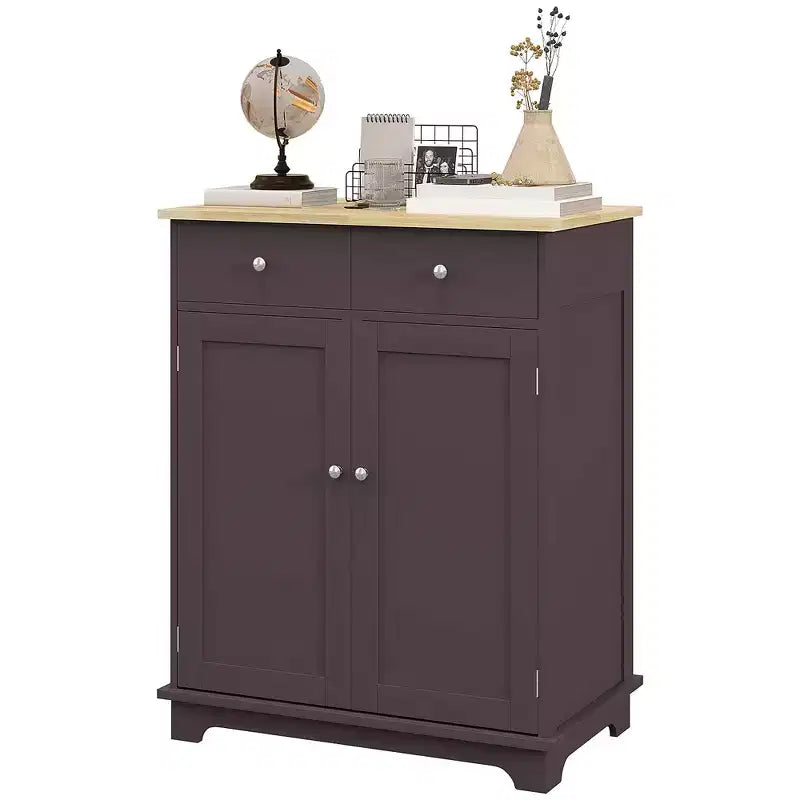 Kitchen Storage Cabinet, Sideboard Floor Cupboard with Solid Wood Top, Adjustable Shelf, and 2 Drawers