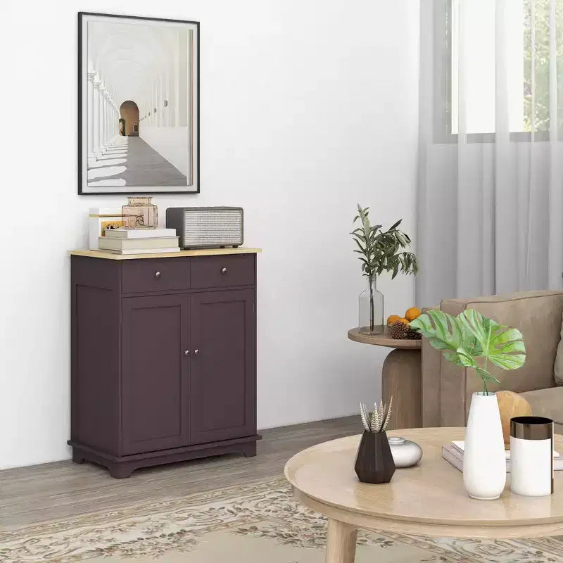 Meuble de Rangement de Cuisine, Buffet Bas avec Plateau en Bois Massif, Étagère Réglable et 2 Tiroirs