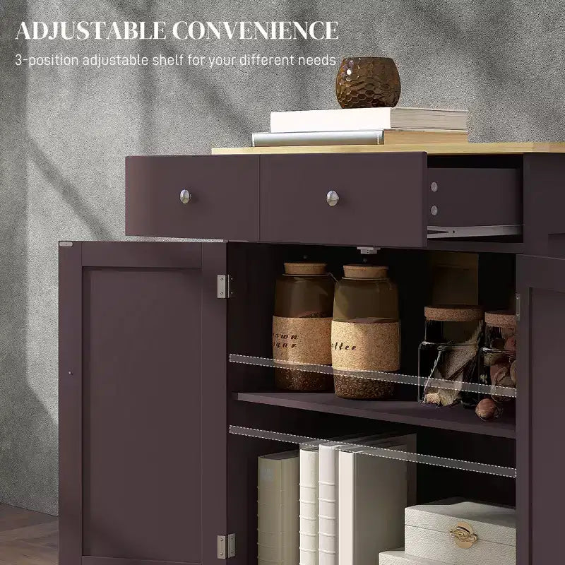Meuble de Rangement de Cuisine, Buffet Bas avec Plateau en Bois Massif, Étagère Réglable et 2 Tiroirs