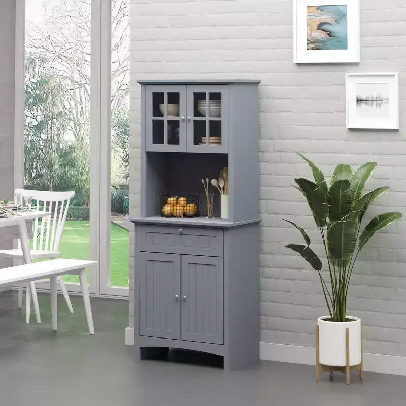 Élégant buffet avec vaisselier, armoire de rangement de cuisine avec tiroir à porte en verre encadrée et espace micro-ondes