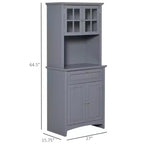 Élégant buffet avec vaisselier, armoire de rangement de cuisine avec tiroir à porte en verre encadrée et espace micro-ondes