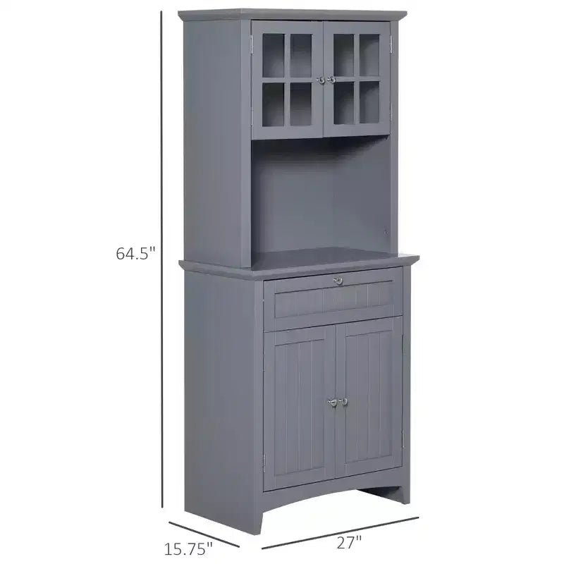 Élégant buffet avec vaisselier, armoire de rangement de cuisine avec tiroir à porte en verre encadrée et espace micro-ondes