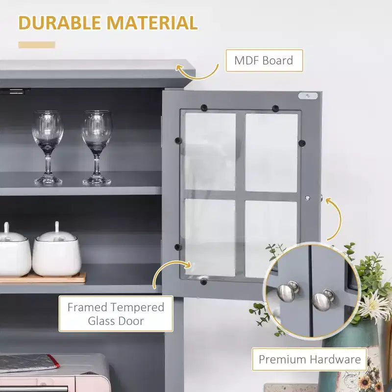 Élégant buffet avec vaisselier, armoire de rangement de cuisine avec tiroir à porte en verre encadrée et espace micro-ondes