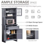 Élégant buffet avec vaisselier, armoire de rangement de cuisine avec tiroir à porte en verre encadrée et espace micro-ondes