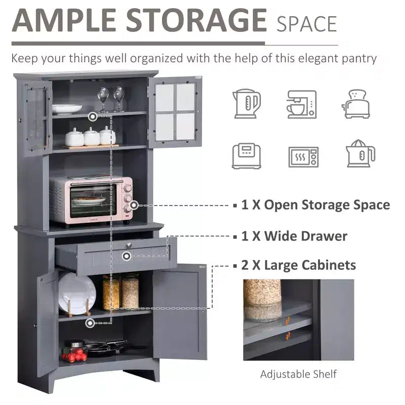 Élégant buffet avec vaisselier, armoire de rangement de cuisine avec tiroir à porte en verre encadrée et espace micro-ondes