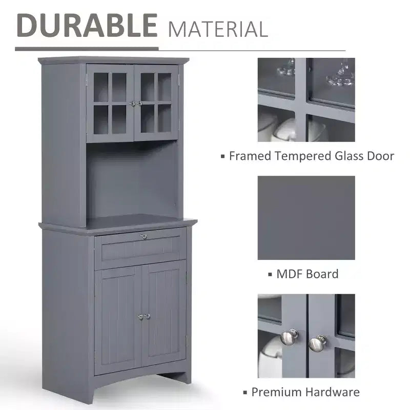 Élégant buffet avec vaisselier, armoire de rangement de cuisine avec tiroir à porte en verre encadrée et espace micro-ondes