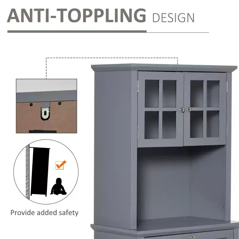 Élégant buffet avec vaisselier, armoire de rangement de cuisine avec tiroir à porte en verre encadrée et espace micro-ondes