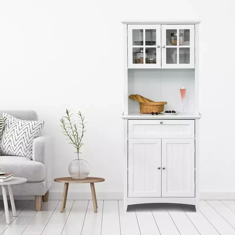 Élégant buffet avec vaisselier, armoire de rangement de cuisine avec tiroir à porte en verre encadrée et espace micro-ondes