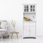 Élégant buffet avec vaisselier, armoire de rangement de cuisine avec tiroir à porte en verre encadrée et espace micro-ondes