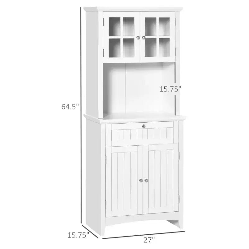 Élégant buffet avec vaisselier, armoire de rangement de cuisine avec tiroir à porte en verre encadrée et espace micro-ondes