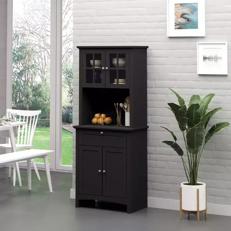 Élégant buffet avec vaisselier, armoire de rangement de cuisine avec tiroir à porte en verre encadrée et espace micro-ondes