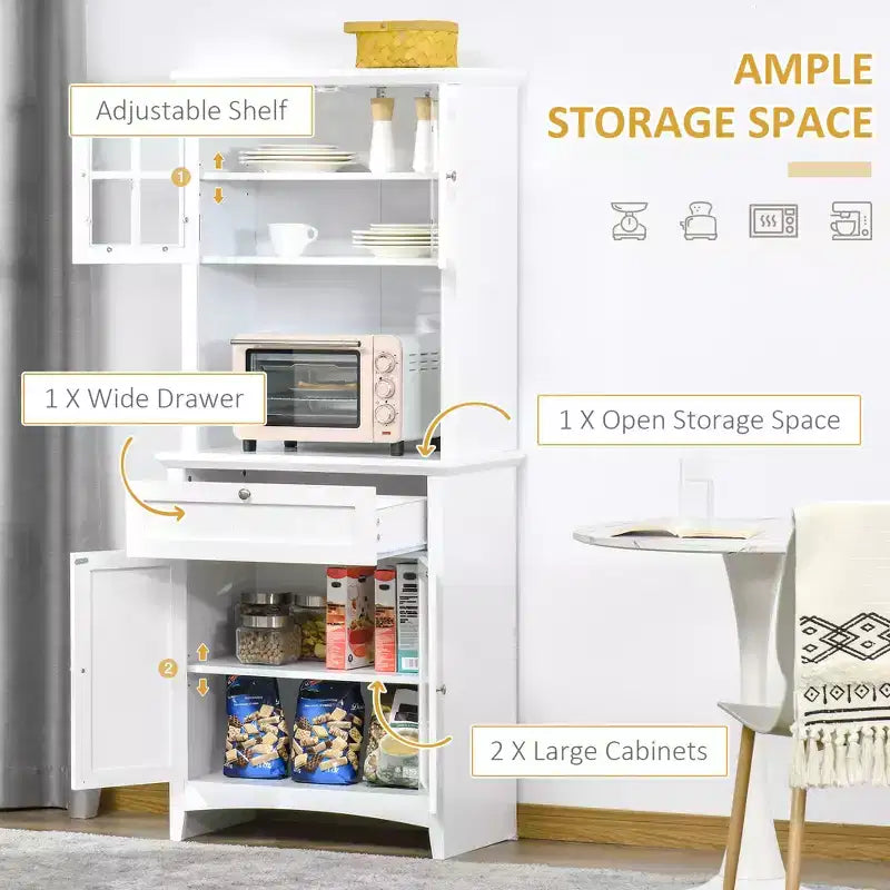 Élégant buffet avec vaisselier, armoire de rangement de cuisine avec tiroir à porte en verre encadrée et espace micro-ondes