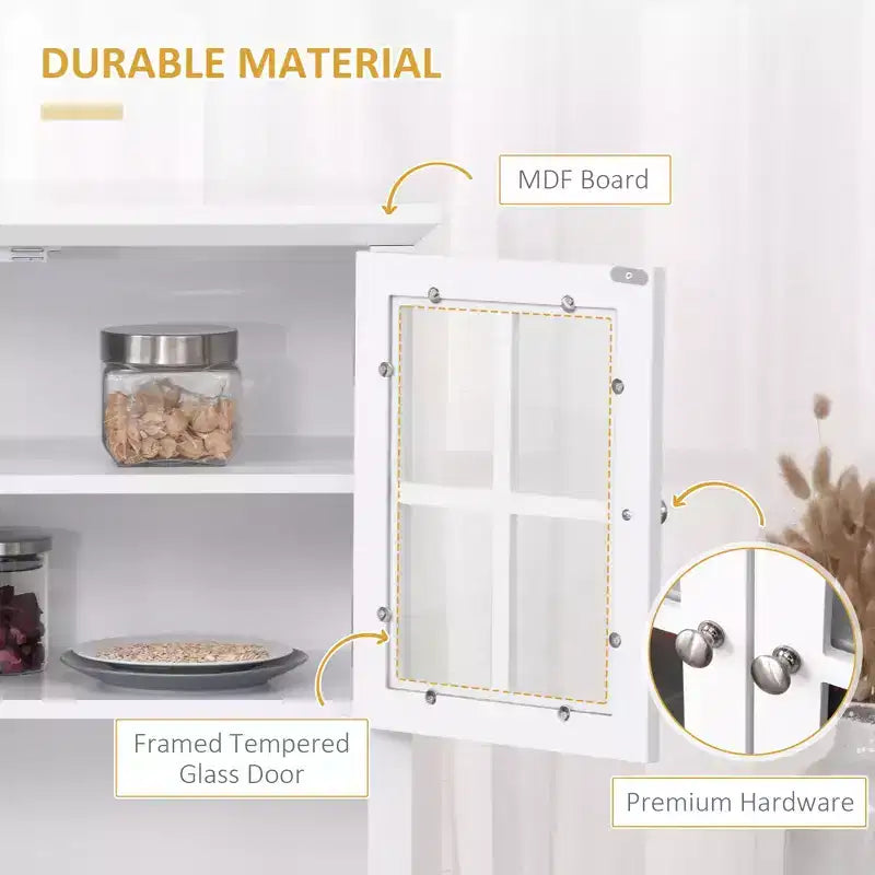 Élégant buffet avec vaisselier, armoire de rangement de cuisine avec tiroir à porte en verre encadrée et espace micro-ondes