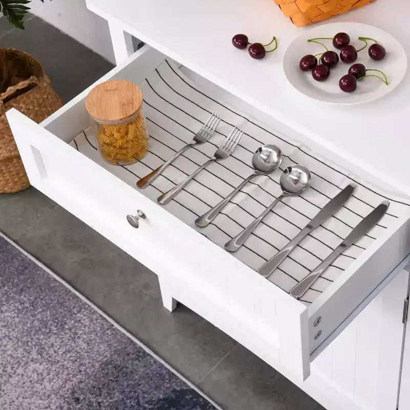 Élégant buffet avec vaisselier, armoire de rangement de cuisine avec tiroir à porte en verre encadrée et espace micro-ondes