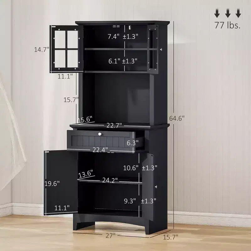 Élégant buffet avec vaisselier, armoire de rangement de cuisine avec tiroir à porte en verre encadrée et espace micro-ondes