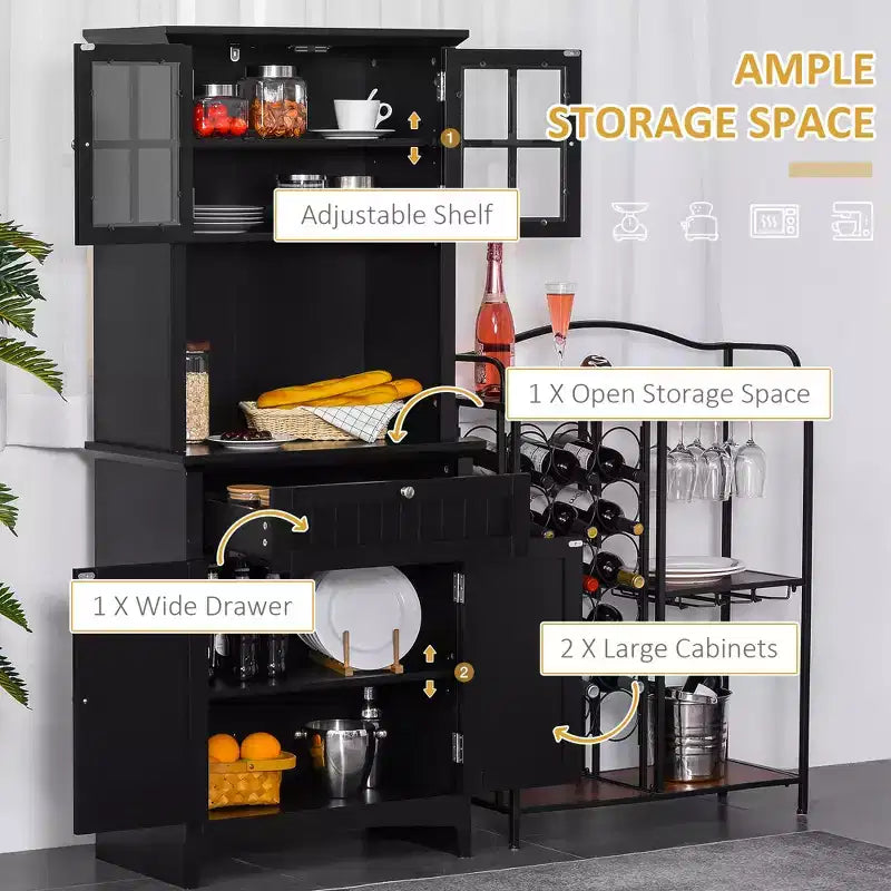 Élégant buffet avec vaisselier, armoire de rangement de cuisine avec tiroir à porte en verre encadrée et espace micro-ondes