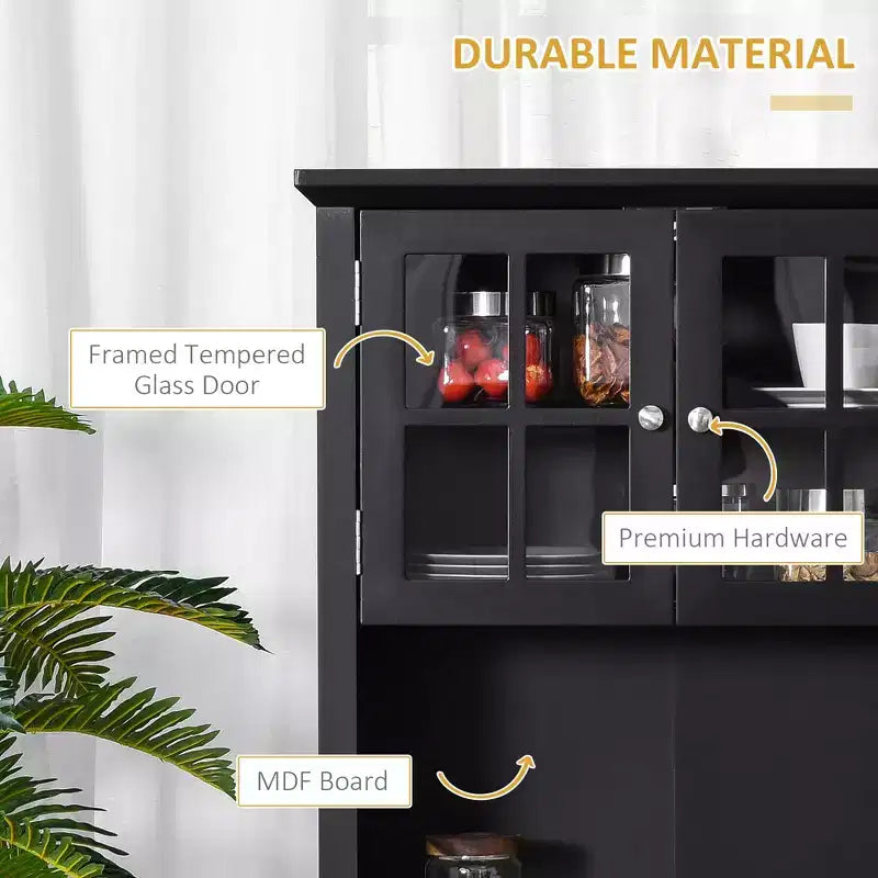 Élégant buffet avec vaisselier, armoire de rangement de cuisine avec tiroir à porte en verre encadrée et espace micro-ondes
