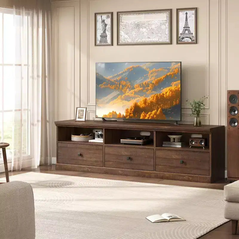 Meuble TV 70 pouces pour téléviseurs jusqu'à 80 pouces, Meuble TV de divertissement moderne du milieu du siècle avec tiroir de rangement et étagères ouvertes, Meuble TV pour chambre