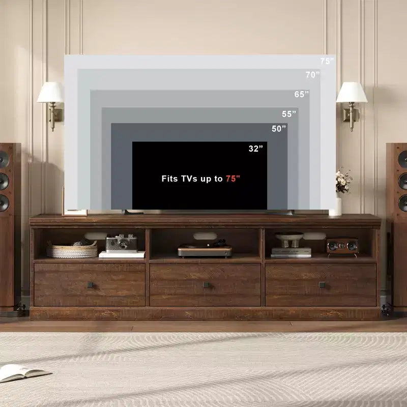 Meuble TV 70 pouces pour téléviseurs jusqu'à 80 pouces, Meuble TV de divertissement moderne du milieu du siècle avec tiroir de rangement et étagères ouvertes, Meuble TV pour chambre