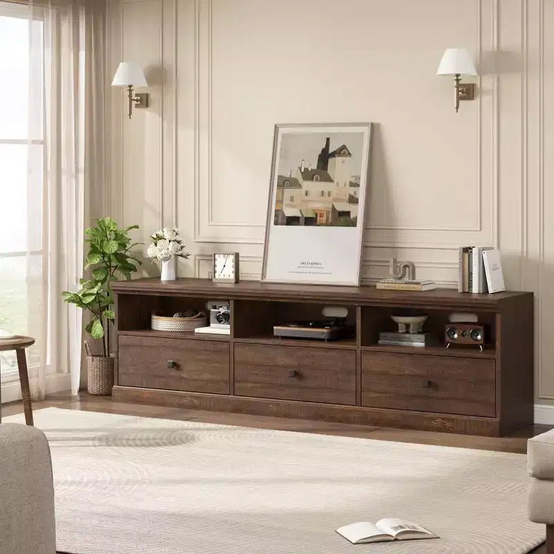 Meuble TV 70 pouces pour téléviseurs jusqu'à 80 pouces, Meuble TV de divertissement moderne du milieu du siècle avec tiroir de rangement et étagères ouvertes, Meuble TV pour chambre