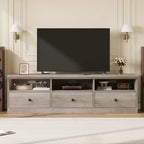 Meuble TV 70 pouces pour téléviseurs jusqu'à 80 pouces, Meuble TV de divertissement moderne du milieu du siècle avec tiroir de rangement et étagères ouvertes, Meuble TV pour chambre