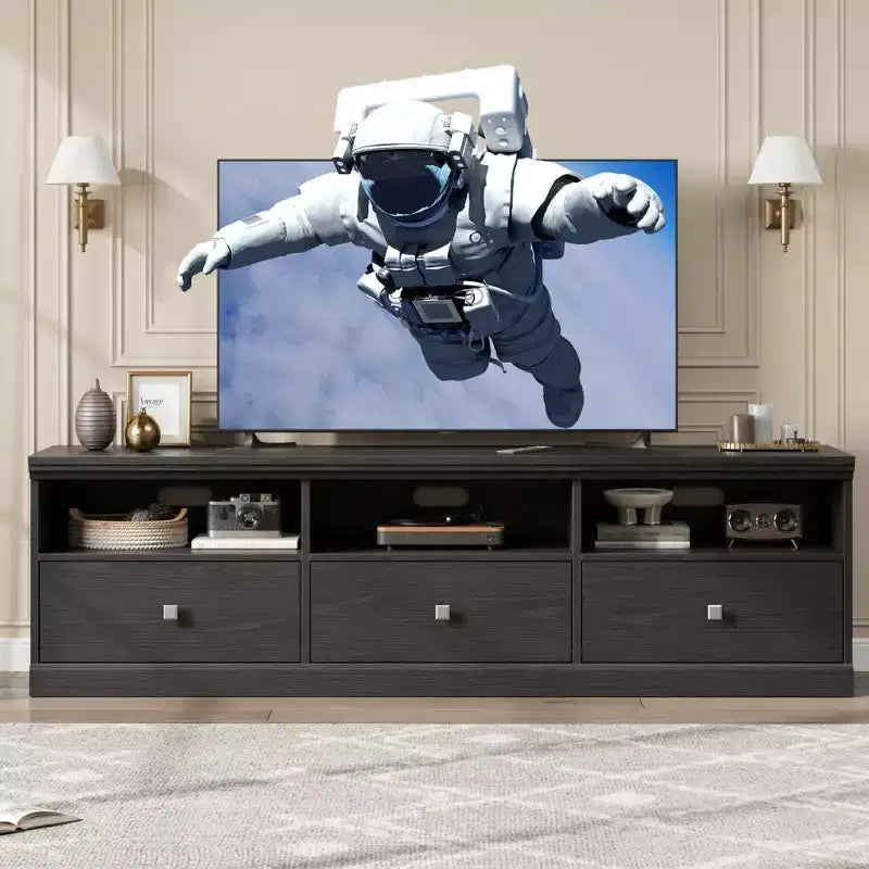Meuble TV 70 pouces pour téléviseurs jusqu'à 80 pouces, Meuble TV de divertissement moderne du milieu du siècle avec tiroir de rangement et étagères ouvertes, Meuble TV pour chambre