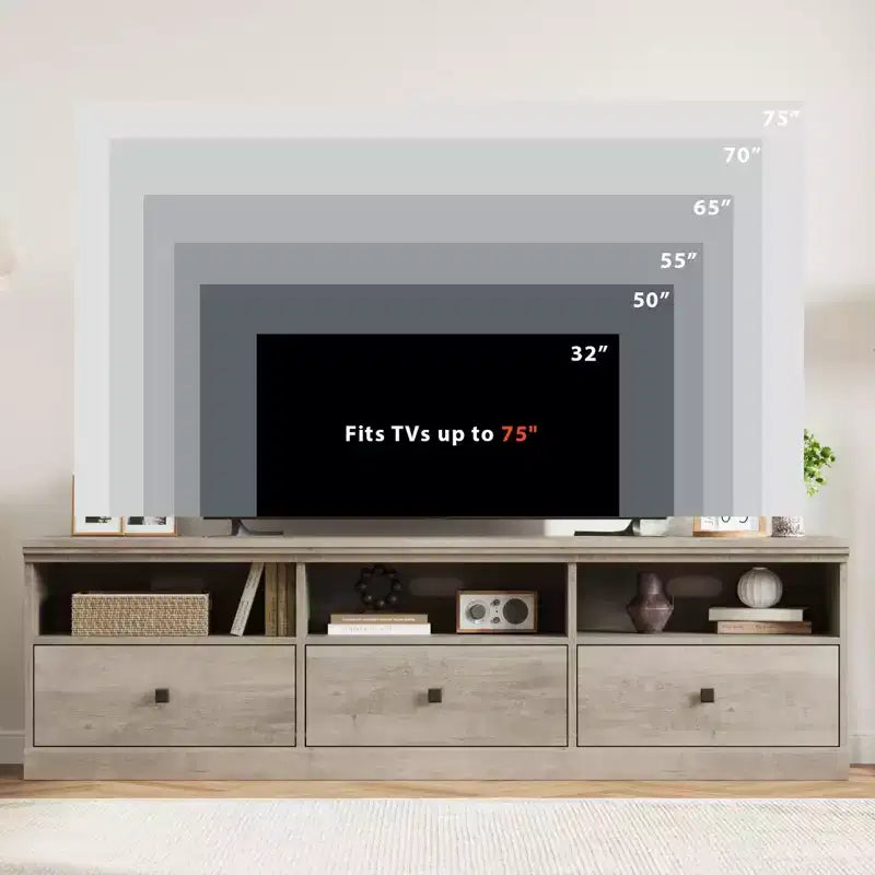 Meuble TV 70 pouces pour téléviseurs jusqu'à 80 pouces, Meuble TV de divertissement moderne du milieu du siècle avec tiroir de rangement et étagères ouvertes, Meuble TV pour chambre