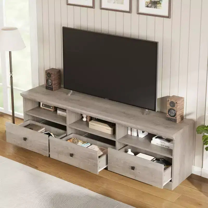 Meuble TV 70 pouces pour téléviseurs jusqu'à 80 pouces, Meuble TV de divertissement moderne du milieu du siècle avec tiroir de rangement et étagères ouvertes, Meuble TV pour chambre