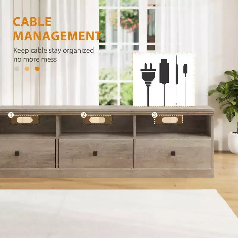 Meuble TV 70 pouces pour téléviseurs jusqu'à 80 pouces, Meuble TV de divertissement moderne du milieu du siècle avec tiroir de rangement et étagères ouvertes, Meuble TV pour chambre