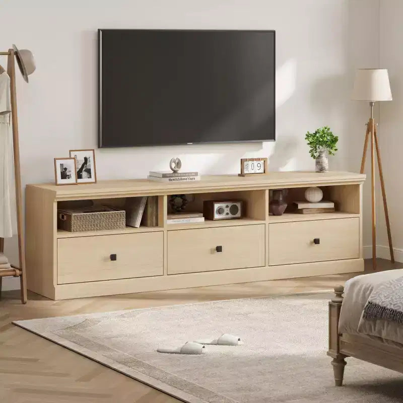 Meuble TV 70 pouces pour téléviseurs jusqu'à 80 pouces, Meuble TV de divertissement moderne du milieu du siècle avec tiroir de rangement et étagères ouvertes, Meuble TV pour chambre