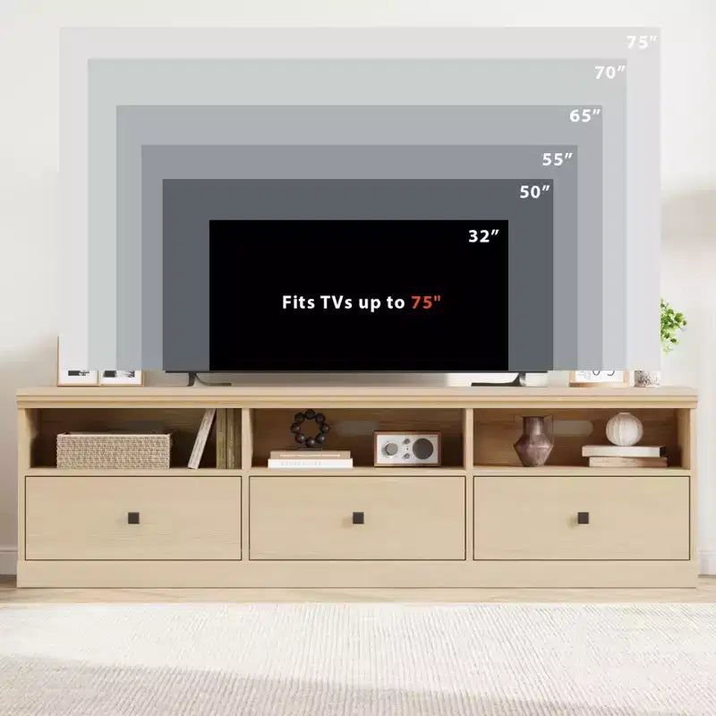 Meuble TV 70 pouces pour téléviseurs jusqu'à 80 pouces, Meuble TV de divertissement moderne du milieu du siècle avec tiroir de rangement et étagères ouvertes, Meuble TV pour chambre