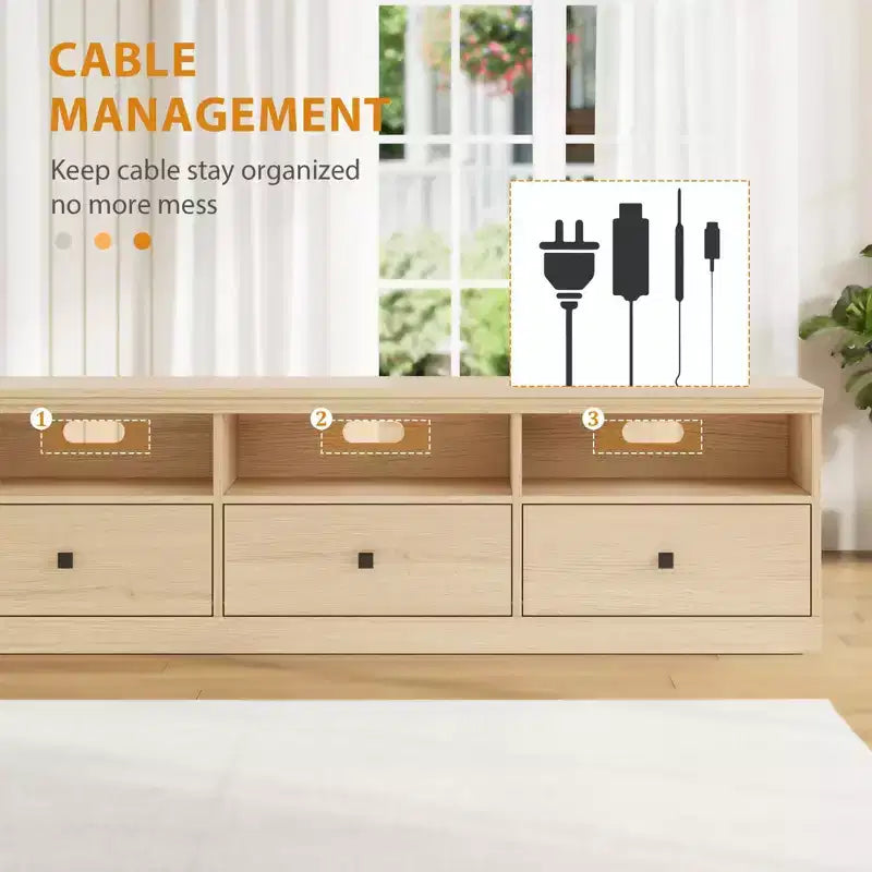 Meuble TV 70 pouces pour téléviseurs jusqu'à 80 pouces, Meuble TV de divertissement moderne du milieu du siècle avec tiroir de rangement et étagères ouvertes, Meuble TV pour chambre