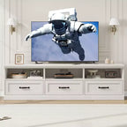 Meuble TV 70 pouces pour téléviseurs jusqu'à 80 pouces, Meuble TV de divertissement moderne du milieu du siècle avec tiroir de rangement et étagères ouvertes, Meuble TV pour chambre