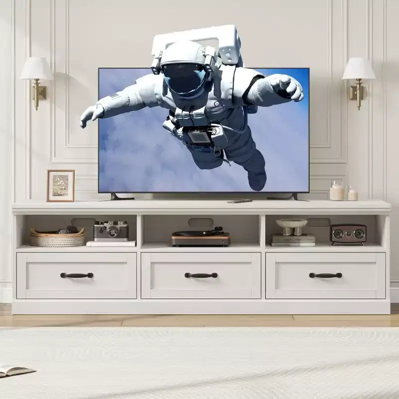 Meuble TV 70 pouces pour téléviseurs jusqu'à 80 pouces, Meuble TV de divertissement moderne du milieu du siècle avec tiroir de rangement et étagères ouvertes, Meuble TV pour chambre