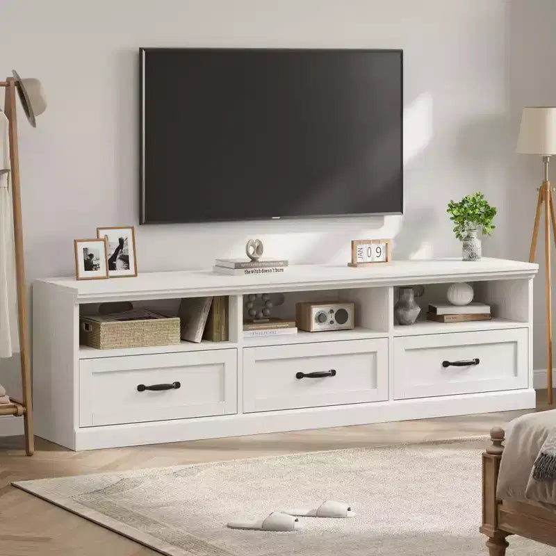 Meuble TV 70 pouces pour téléviseurs jusqu'à 80 pouces, Meuble TV de divertissement moderne du milieu du siècle avec tiroir de rangement et étagères ouvertes, Meuble TV pour chambre